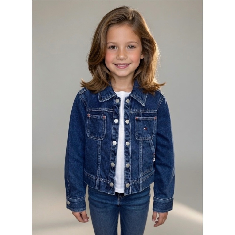 Tommy Hilfiger Girls Denim Jacket Dark Wash Star Logo Button Front Blue Size M